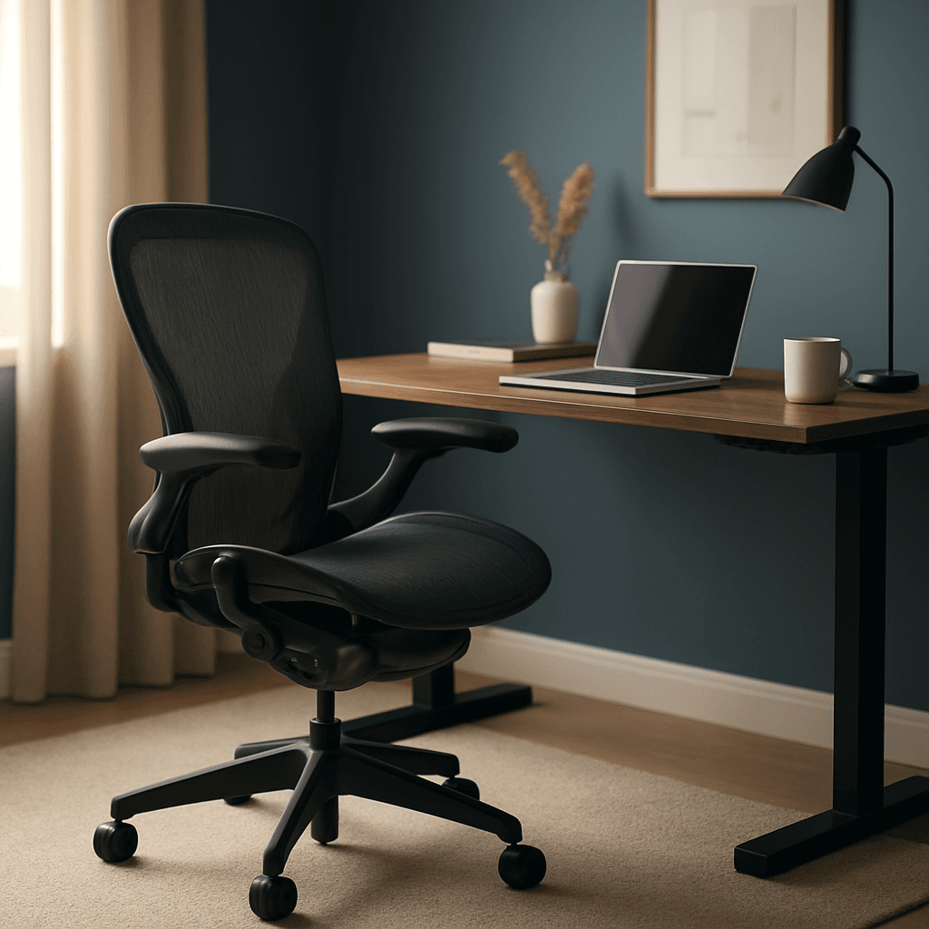 A premium home office setup with an ergonomic chair and standing desk